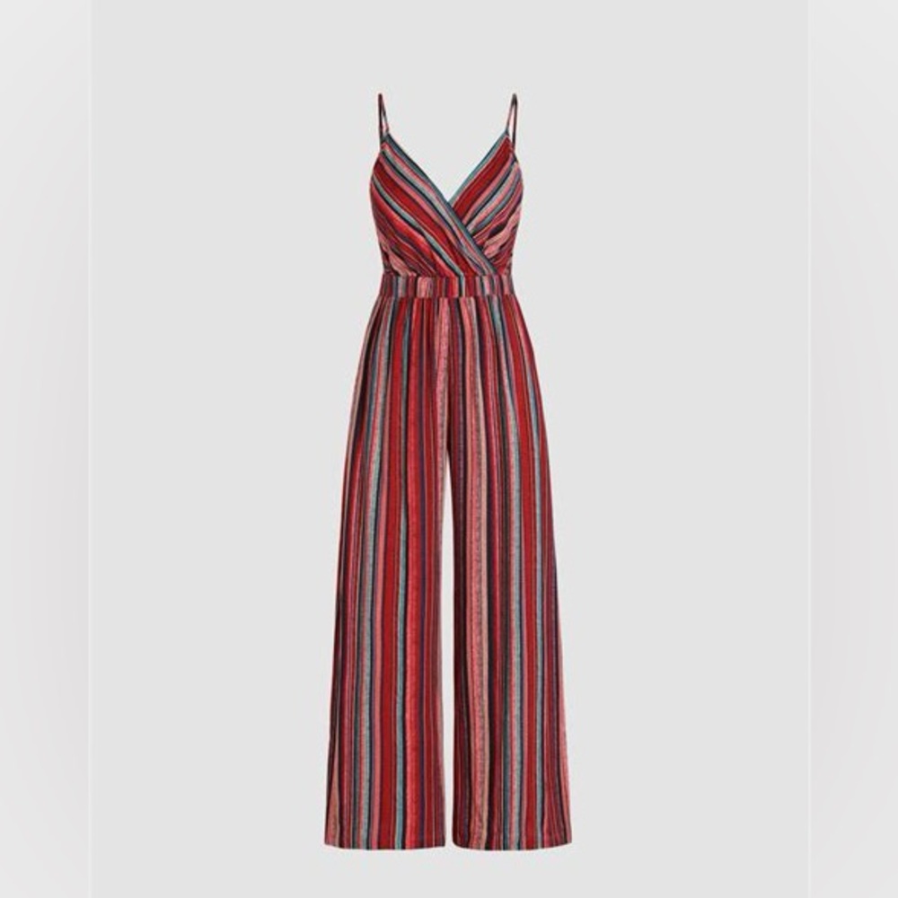 Linen-blend V-neck Striped Jumpsuit